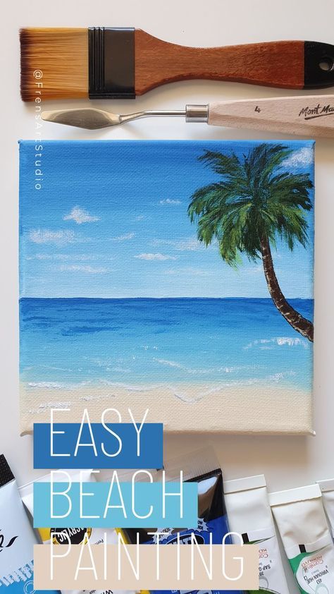 Step By Step Beach Painting, Fan Brush Painting, Beach Painting Tutorial, Landscape Art Acrylic, Brush Painting Art, Different Art Mediums, Acrylic Seascape, Beach Sketches, Ocean Landscape Painting