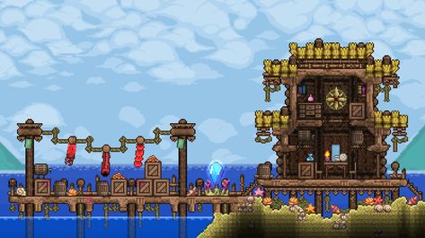 Ocean Terraria House, Terraria Calamity Builds, Terraria Fishing Hut, Terraria Fishing Pond, Beach House Terraria, Terraria Arena Ideas, Terraria Beach House, Terraria Npc House Ideas, Ocean Biome