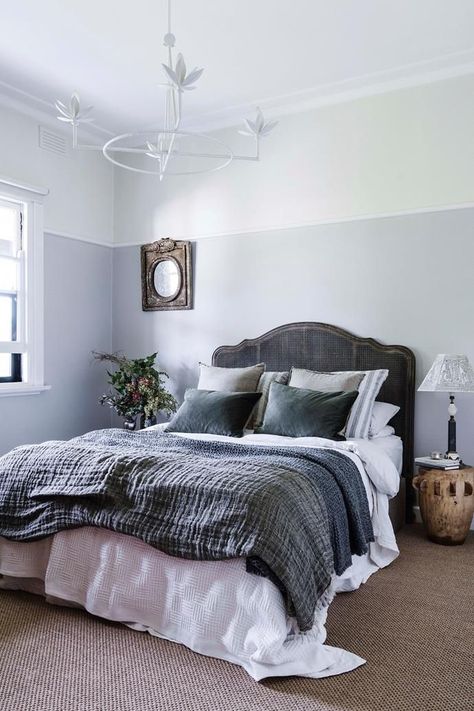 The main bedroom is painted Dulux Endless Dusk (mixed with Dulux Vivid White) and Dulux Antique White USA.