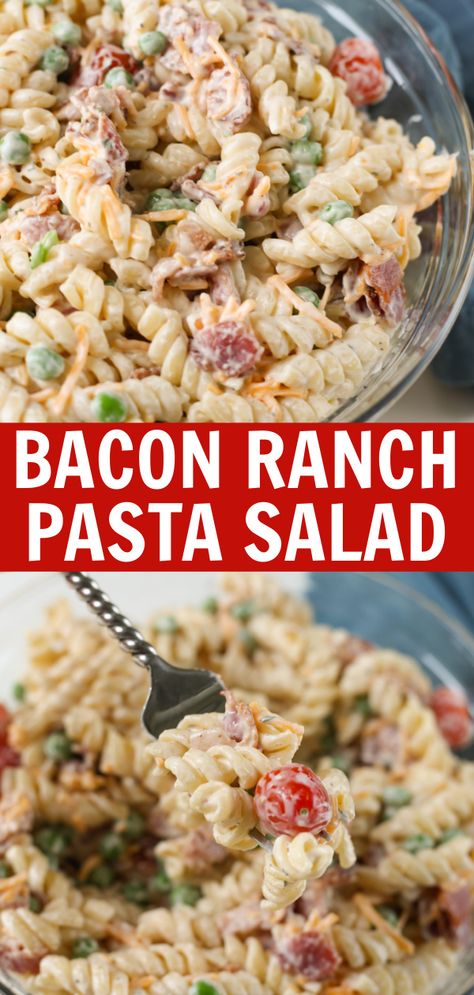 Bacon Ranch Pasta Salad is the perfect side dish for all your summer BBQs! Pasta, crispy bacon, cheddar cheese, tomatoes, and peas in a creamy ranch dressing. Easy Bacon Ranch Pasta Salad, Kids Side Dishes, Kids Pasta Salad, Savory Potato Salad, Bbq Side Dish Recipes, Cooking Goals, Pasta Bacon, Camp Meals, Fake Ginger