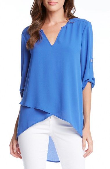 Karen Kane Asymmetrical Hem Faux Wrap Front Top Blus Sifon, Apple Shape Fashion, Wrap Front Top, Crossover Top, Cute Blouses, Karen Kane, Hem Top, Mom Outfits, Asymmetrical Hem