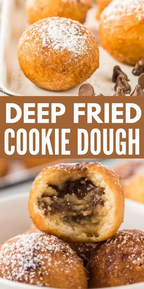 Deep Fried Brownie Bites, Fried Deserts, Fried Cookie Dough Bites, Deep Fried Cookie Dough, Cake Bites Recipe, Fried Cookie Dough, Fried Desserts, Homemade Cookie Dough, Deep Fried Recipes