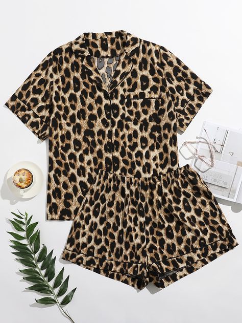 Multicolor Sexy  Short Sleeve Polyester Leopard Short Sets  Non-Stretch  Women Plus Sleep & Lounge Leopard Pajamas, Animal Pajamas, Cute Pajama Sets, Plus Size Pajamas, Comfortable Pajamas, Cute Pajamas, Satin Pyjama Set, Print Pajamas, Jumpsuit Fashion