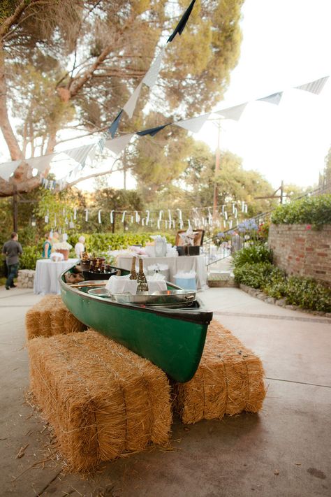 Canoe Bar, Canoe Wedding, Fishing Themed Wedding, Fishing Wedding, Picnic Style, Yard Wedding, Camp Wedding, Hay Bales, Floral Event Design