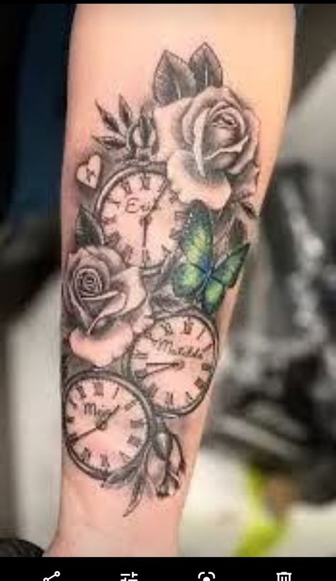 Beautiful Arm Tattoos, Voll Arm-tattoos, Watch Tattoo Design, Motherhood Tattoos, Tattoos Female, Mama Tattoo, Pocket Watch Tattoos, Tattoo Quotes About Life, Mom Tattoo Designs