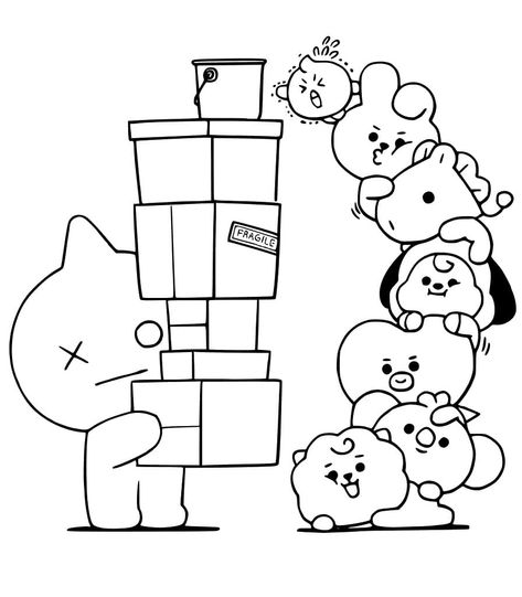 Funny BT21 coloring page Bt21 Coloring Pages Printable, Stray Kids Coloring Page, Bt21 Coloring Pages, Fun Chalk Art, Chibi Coloring Pages, Manga Coloring Book, Fruit Cartoon, Tattoo Design Book, Cute Doodles Drawings