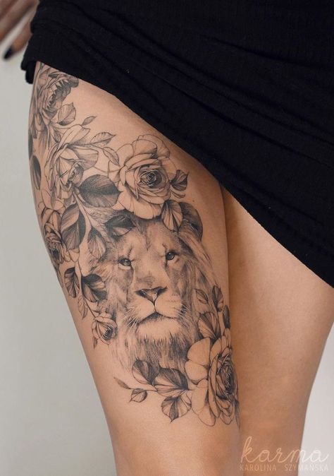 Lion Tattoo On Thigh, Upper Thigh Tattoos, Piece Tattoo, Lioness Tattoo, Hip Thigh Tattoos, Tattoo Female, Hip Tattoos Women, Floral Tattoo Sleeve, Daughter Tattoos