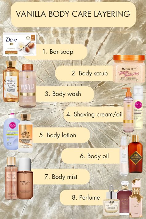 Want to learn how to create the perfect vanilla body care layering routine ? this list might  just be for you! Use this routine to smell like a walking bakery and watch the compliments roll in! - - - - Tags (ignore) #VanillaBodyCare, #BodyCareRoutine, #VanillaScent, #LayeringRoutine, #VanillaSkincare, #VanillaGlow, #SmellLikeABakery, #BodyCareAddict, #SweetFragrance, #ScentLayering, #VanillaBeauty, #Vanillagirl, #Skincare, #Cleangirl Vanilla Scent Routine, Vanilla Body Care Routine, Vanilla Hygiene, Vanilla Body Care, To Smell Like Vanilla, Scent Layering, Vanilla Body Spray, Smell Like Vanilla, Ideal Life