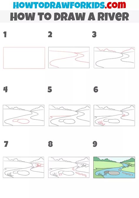 How to Draw a River - Easy Drawing Tutorial For Kids River Drawing, Landscape Art Lessons, Landscape Drawing Tutorial, Landscape Drawing Easy, Landscape Steps, Easy Drawing Steps, How To Draw Steps, Scene Drawing, Easy Drawing Tutorial