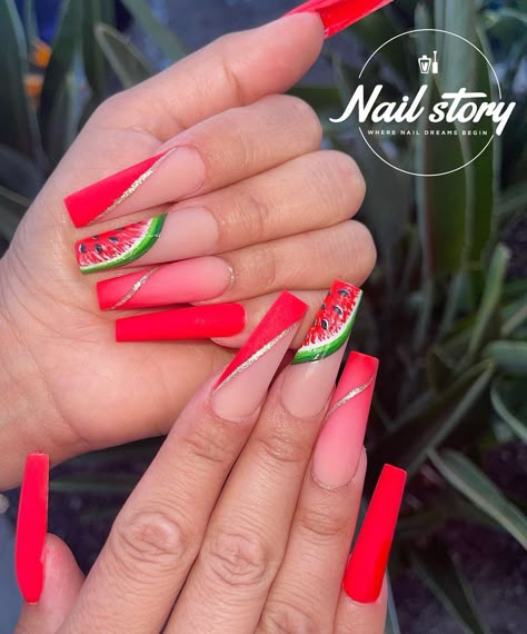 Neon Nails Designs Summer 2024, Neon Red Nails, Nails Watermelon, Peach Nail Art, Cosmic Nails, Flame Nail Art, Emerald Nails, Acrylic Gel Nails, Watermelon Nails