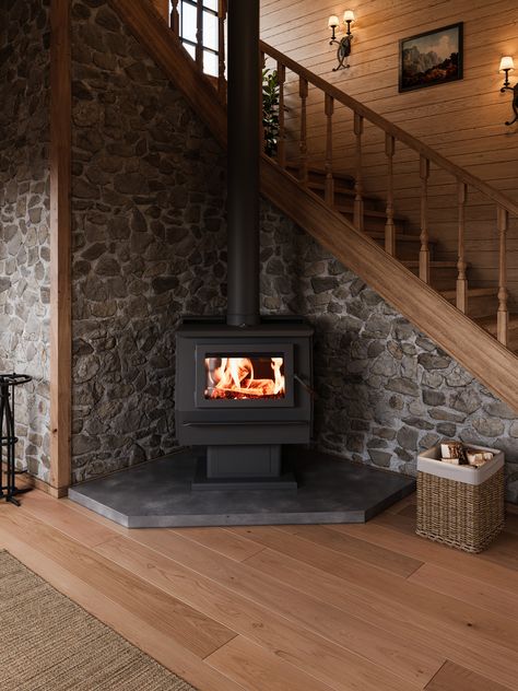 Freestanding Wood Burning Stove, Blaze King Wood Stove, Indoor Wood Burning Stove, Fire Stove Living Room, Stand Alone Fireplace Living Rooms, Wood Burning Stove Ideas, Free Standing Wood Stove, Wood Stove Wall, A-frame Interior