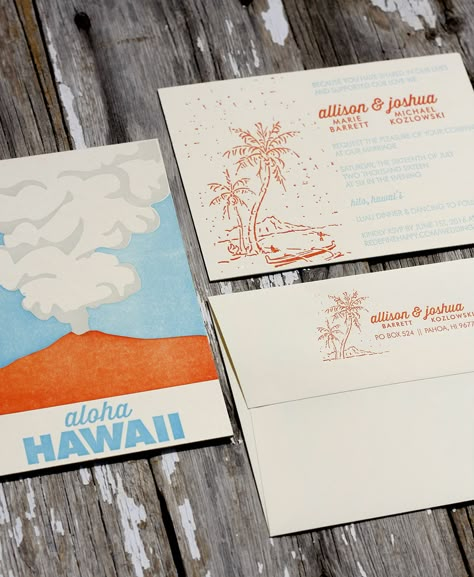 Hawaii Wedding Invitations, Destination Wedding Invitation Wording, Hawaiian Wedding Invitations, Letterpress Wedding Invitation Suite, Luau Party Invitations, Retro Hawaii, Beach Theme Wedding Invitations, Letterpress Wedding Invitation, Vowel Renewal