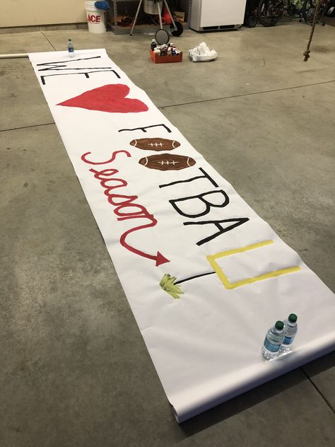 We Love Football Season Football Banner Beat The Bulldogs Football Signs, Football Banner Ideas, Hoco Decor, Football Game Signs, School Spirit Ideas Pep Rally, Cheer Banners, Cheerleading Signs, Hoco Posters, Football Banners