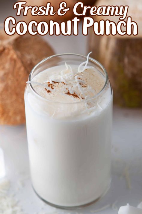 Creamy Coconut Punch with shredded coconut and cinnamon sprinkled on top. Coconut Punch, Coconut Milk Drink, Best Food Recipes, Coconut Drinks, Drink Recipes Nonalcoholic, Fresh Coconut, Punch Recipe, Milk Shakes, Coconut Recipes