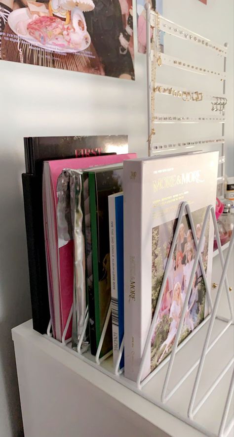 kpop albums twice stayc ive kep1er cute aesthetic vibes bedroom organizer Kpop Decor Aesthetic, Kpop Album Desk Ideas, Kpop Albums Organization, Kpop Cabinet, Kpop Album Organization Ideas, Twice Bedroom, Twice Room Decor Kpop, Kpop Album Storage Ideas, Kpop Cd Display