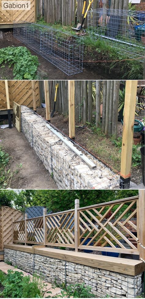 Backyard Retaining Wall Ideas Fence, Rock Wall With Fence On Top, Gabion Wall With Plants, Gabion Basket Retaining Wall, Garden Wall Topper Ideas, Stone Wall Fence Ideas, Gabion Wall Architecture, Gabion Wall Garden, Wall Topper Ideas