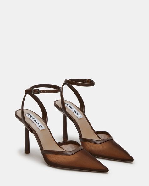 ALLIANCE Mesh Brown Pointed Toe Pump | Women's Heels – Steve Madden Fairy Heels Shoes, Brown Tan Boots, Brown Pointed Heels Outfit, Winter Dressy Shoes, Brown Heel Sandals, Classy Women Shoes, Shoes To Wear With Brown Dress, Brown Kitten Heels Outfit, Casual Fall Shoes For Women