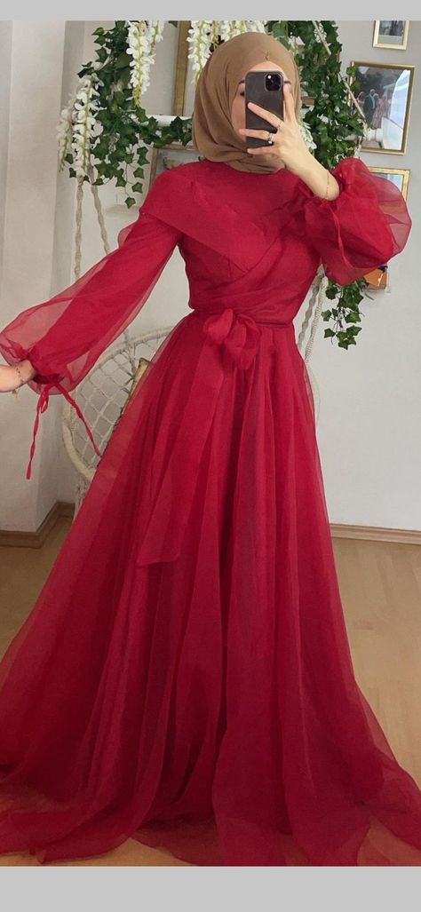 Red Dress With Hijab, Red Hijabi Dresses, Red Dress Hijab Outfit, Hijabi Red Dress, Red Prom Dress Long Sleeve, Red Dress Hijab, Wine Red Prom Dress, Cute Cardigan Outfits, Dress Soiree