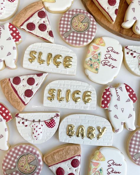 Slice Slice Baby! Is this not the cutest baby shower theme?! Complete with Balloon letters, textured white bricks, and pizza in many… | Instagram Slice Slice Baby Cookies, Bakery Baby Shower Theme, Slice Slice Baby Shower Decor, Pizza Themed Baby Shower Ideas, Pizza Baby Shower Ideas, Italian Baby Shower Theme, Baby Shower Ideas Food, Baby Shower Pasta, Slice Cookies