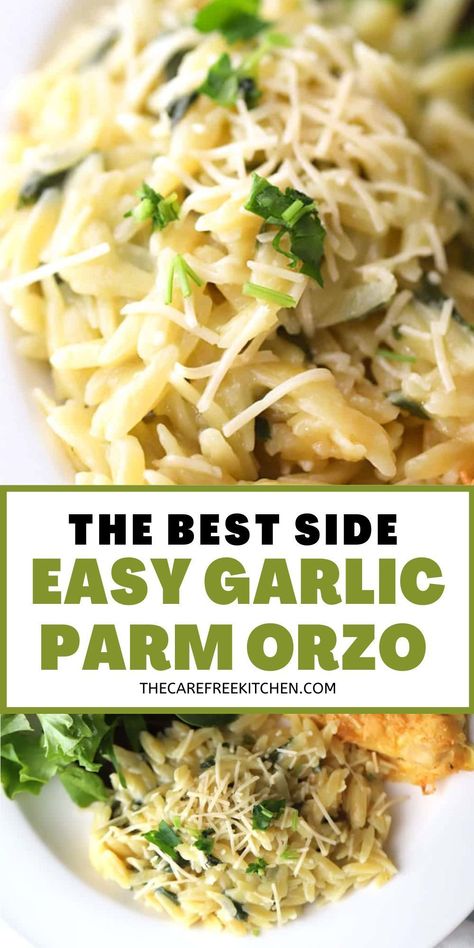 Creamy Garlic Orzo Recipes, Garlic Parmesan Orzo Recipe, Garlic Parm Orzo, Crock Pot Orzo, Greek Orzo Recipes, Orzo Crockpot Recipes, Orzo Side Dish Recipes, Creamy Garlic Orzo, Garlic Parmesan Orzo