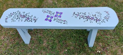 Old wooden bench re-done with acrylic paint flowers Acrylic Paint Flowers, Wall With Flowers, Painted Benches, Paint Flowers, Bench Ideas, Garden Area, Wooden Bench, Wood Bench, Painted Flowers