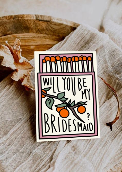 bridesmaid proposal- modern orange matchbox design. THIS IS A DIGITAL DOWNLOAD. There are 2 sizes available after purchase. 4x6 and 5x7 inches. This artwork is subject to copyright and is intended for personal use only. Bridesmaid Proposal Colorful, Gifts For Asking Bridesmaids, Thrifted Bridesmaid Proposal, Vintage Bridesmaid Proposal, Cute Bridesmaid Proposals, Bridesmaid Proposal Ideas Unique, Bridesmaids Proposal Ideas, Simple Bridesmaid Proposal, Bridesmaid Invites