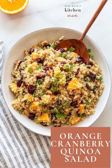 This gluten-free Orange Cranberry Quinoa Salad is the perfect side dish for fall, holiday or year-round. It can be served hot or cold and is SO easy. It has a simple dressing with orange juice, lemon juice and Dijon that comes together in seconds. You can add chicken on top for a meal, or serve it as a side on a table or for a buffet. Top with walnuts and green onion for more flavor. #quinoa #glutenfree #glutenfreerecipes #healthyrecipe #quinoarecipe #holiday #holidayside #healthyholiday Orange Quinoa Salad, Cold Quinoa Salad, Cranberry Quinoa, Quinoa Side Dish, Orange Salad Recipes, Cranberry Quinoa Salad, Gluten Free Sides Dishes, Orange Cranberry, Cranberry Salad