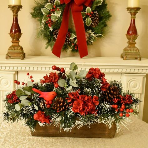 Our Frosted Snow covered pine centerpiece with red berries is a perfect design to use all winter long. Created in a long rectangle wooden box and accented with a red cardinal Pinecone Centerpiece, Christmas Floral Designs, Christmas Greens, Faux Christmas, Christmas Centers, Winter Centerpieces, Centerpieces Diy, Christmas Flower Arrangements, Christmas Planters