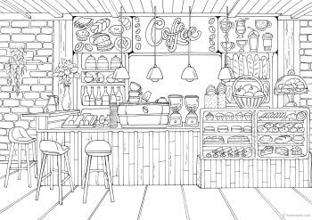 Little Coffee Shop – Favoreads Coloring Club Coloring Book Pages For Adults, Kids Coloring Sheets, Coloring Cafe, Spring Coloring Pages, Butterfly Printable, Adult Coloring Designs, Detailed Coloring Pages, Free Adult Coloring Pages, Printable Adult Coloring Pages