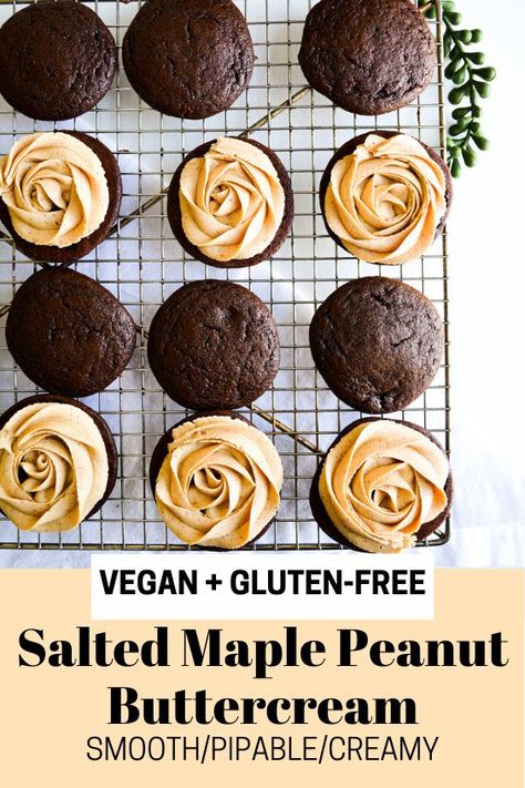 This Salted Maple Peanut Buttercream is dreamy, creamy and smooth. Its full of peanut butter and maple flavor and its the perfect vegan buttercream for cupcakes, cakes or to fill whoopie pies with! Paleo Peanut Butter Frosting, Pb Buttercream Frosting, Vegan Peanut Butter Frosting, Vegan Maple Cupcakes, 12 Tomatoes Peanut Butter Frosting, Peanut Butter Frosting Recipe, Vegan Buttercream, Honey Roasted Peanuts, Vegan Gluten Free Desserts