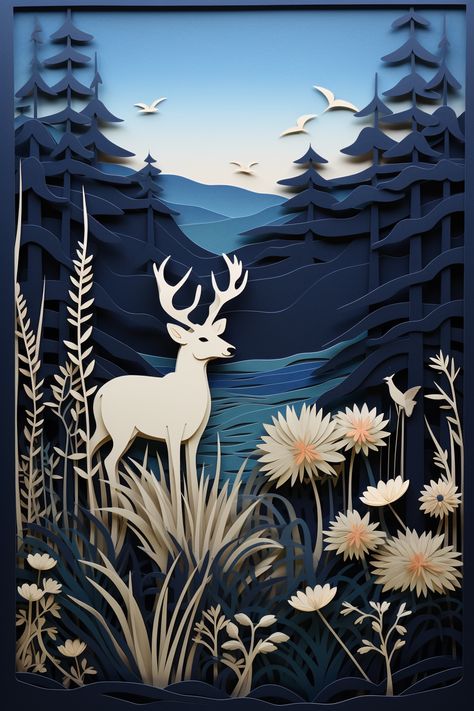 prompt: Create a layered papercut art piece depicting a serene countryside meadow, filled with blooming wildflowers, grazing deer, and a gentle breeze rustling the tall grass --ar 2:3 Layered Artwork Paper, 3d Art Pieces, Paper Layering Art, Layered Pictures, Layered Papercut Art, 3d Layered Paper Art, Sanjhi Art, Handicrafts Ideas, Church Poster Ideas