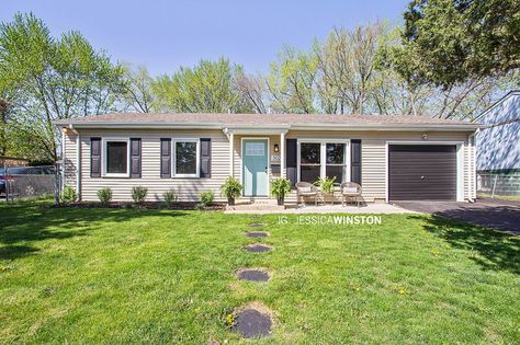 Front Door Colors With Tan Siding And Black Shutters, Tan Siding Shutter Colors, Teal Front Door Black Shutters, Tan Siding With Shutters, Tan House Black Shutters Door Color, Ranch House With Shutters, Tan Ranch House Exterior, Tan House With Shutters, Tan Siding Black Shutters