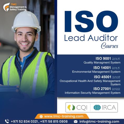 We're excited to announce that TMC Management and Safety Training is now offering ISO Lead Auditor courses for ISO 9001, ISO 14001, and ISO 45001 standards. 📚✨ Our training courses are designed to equip you with the knowledge and skills needed to excel in auditing and ensure compliance with international standards. Join us to advance your career and contribute to a safer, more efficient work environment! 🌍🔍 #ISOTraining #LeadAuditor #ISO9001 #ISO14001 #ISO45001 #CareerDevelopment #TMCTraini... Environmental Management System, Safety Management System, Safety Courses, Safety Training, Occupational Health And Safety, Career Development, Work Environment, Training Courses, Dubai Uae