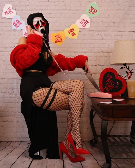 Ghostface
Photoshoot
Valentine's day Pink Ghostface Photoshoot, Scream Inspired Photoshoot, Goth Valentines Photoshoot, Goth Valentines Day Photoshoot, Halloween Fashion Photoshoot, Ghostface Picture Ideas, Pink Ghostface Costume, Ghost Face Valentines Day, Scream Photoshoot Ideas