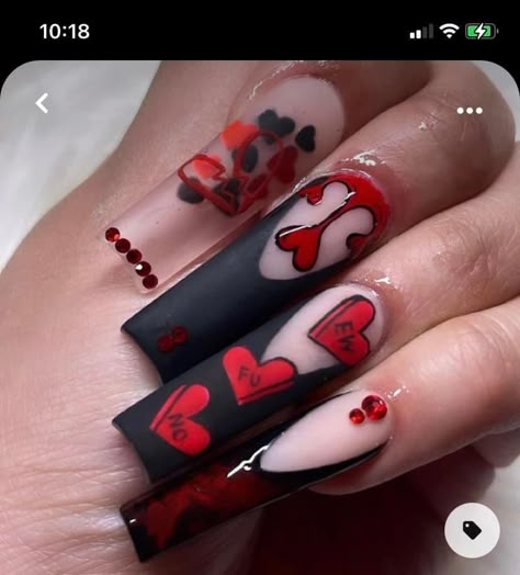 Red And Black Acrylic Nails Designs Ideas, Black Vday Nails Acrylic, Black V Day Nails, Red Nails With Black Underneath, Vday Nail Designs, Non Valentines Day Nails, Anti Valentines Day Nails Nailart, Black And Gold Valentine Nails, Valentine Black Nails