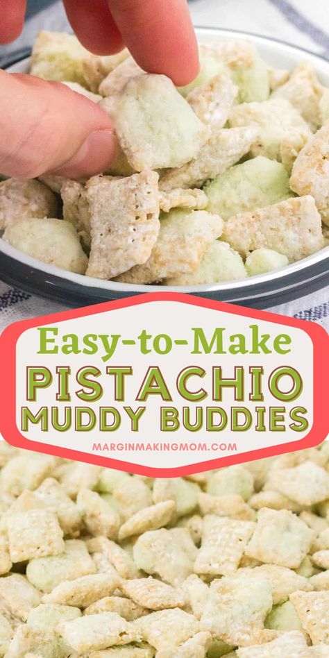 If you love traditional Muddy Buddies (sometimes called puppy chow), you're going to love this pistachio flavored variation! It's simple to make for the holidays, and can be a delicious handmade gift, too. Great for Christmas, St. Patrick's Day, and Easter, thanks to its lovely pale green hue! Caramel Puppy Chow, 12 Tomatoes Pistachio Puppy Chow, Pistachio Trail Mix Recipes, Dry Dip Mix Recipes For Gifts Jars, Pistachio Chex Mix Recipes, Muddy Buddy Flavors, Savory Puppy Chow, Puppy Chow Ideas, Different Puppy Chow Recipes