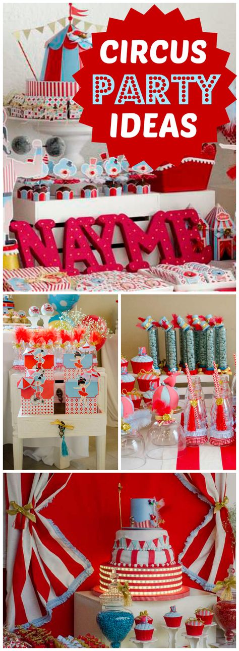 Here's a fun circus party with an amazing dessert table! See more party ideas at CatchMyParty.com! Circus Party Table Decor, Circus Table Decor, Circus Dessert Table Ideas, Circus Table Setting, Circus 1st Birthday Party Boy Dessert Tables, Carnival Party Foods, Vintage Carnival Party, Circus Cakes, Vintage Circus Party