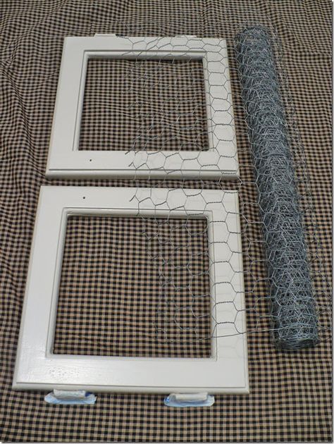 basic how-to on replacing glass with chicken wire (and fabric) Chicken Wire Cabinets, Chicken Wire Projects, Chicken Wire Crafts, Pallet Cabinet, Diy Cabinet, Farmhouse Cabinets, Solid Wood Doors, Cabinet Makeover, Diy Kitchen Cabinets