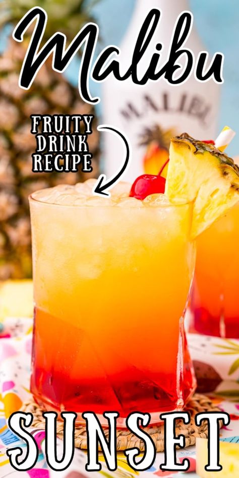 Good Achol Drinks, Poolside Drinks Alcohol, Sunset Drink Recipe, Homemade Grenadine, Boozy Fruit, Fruity Drink Recipes, Poolside Drinks, Malibu Cocktails, Coconut Rum Drinks