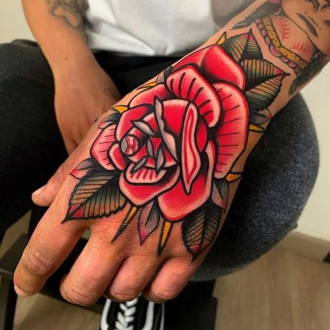 Cloak And Dagger Tattoo, Traditional Hand Tattoo, Rose Hand Tattoo, Tattoo Old School, Traditional Roses, Tattoo Master, Tattoo Portfolio, Rosé Hands, American Traditional Tattoo