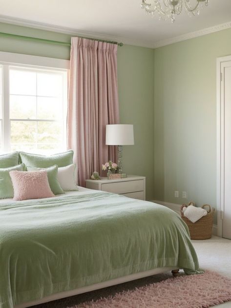 Pink Sage And White Bedroom, Girls Pink And Green Bedroom Ideas, Pale Pink And Green Aesthetic, Sage And Pink Bedroom Ideas, White And Light Green Bedroom, Pastel Pink And Green Room, Light Green Girls Bedroom, Pink Green Bedroom Aesthetic, Room Ideas Green And Pink