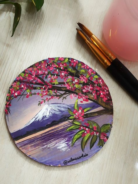 Sakura flower, mountain Vw Art, Circle Canvas, Wall Art Diy Paint, Circle Painting, Small Canvas Paintings, Wood Painting Art, Painting Canvases, Canvas Painting Tutorials, Easy Canvas Art