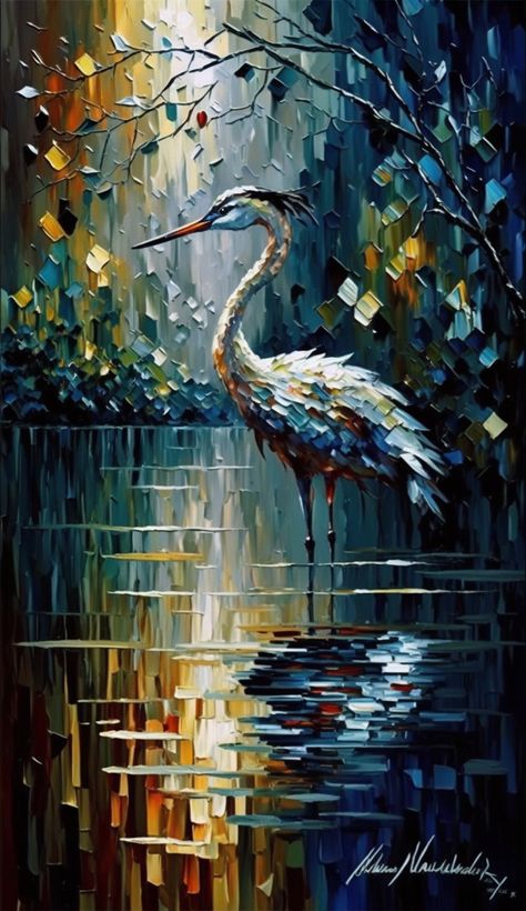 A fun and colourful painting of a white Crane stading beneath a tree in a lake. White Crane Painting, Water Birds Paintings, Crane Painting Acrylic, Acrylic Bird Paintings On Canvas, Impasto Painting Acrylic, Abstract Bird Painting, Bird Acrylic Painting, Acrylic Birds, Crane Painting