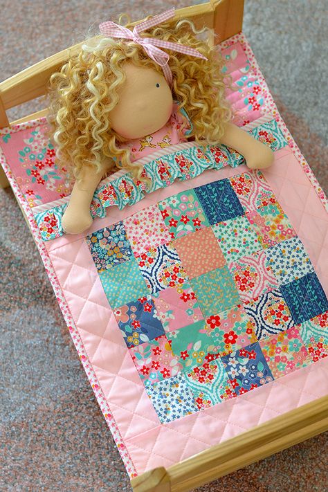 Welcome to my stop on the Forget Me Not blog tour, showcasing this pretty new collection by Tammie Green of Studio T Green for Rile... Doll Sleeping Bag, Baby Doll Bed, Sewing Quilts, Doll Quilts, Pieced Quilts, Small Sewing, Sewing Doll Clothes, Miniature Quilts, Doll Bed