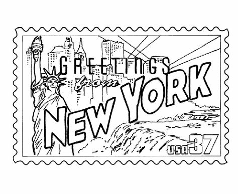 New York State Stamp Coloring Page New York State Poster Board Project, Travel Coloring Pages, New York Coloring Pages, United States Coloring Page, New York Outline, Usa Map Coloring Page, New York State Map, Skyline Drawing, Coloring Book Download