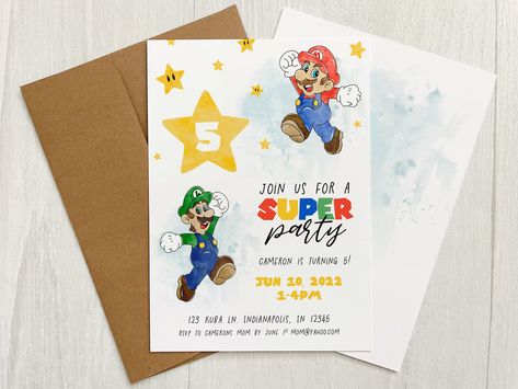 Personalized Super Mario Themed Birthday Party Invitation for - Etsy Mario And Luigi Birthday Invitations, Super Mario Party Invitations, Modern Mario Birthday Party, Super Mario Invitations Free Template, Mario Party Invitations, Mario Birthday Party Invitations, Super Mario Birthday Invitations, Mario Birthday Invitations, Mario Invitations