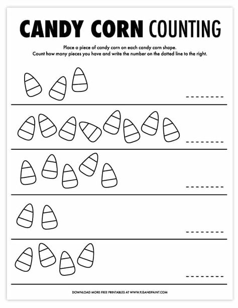 candy corn counting printable Corn Math Activities For Preschool, Halloween Counting Worksheets, Candy Corn Worksheets Preschool, Counting Halloween Activity, Candy Corn Counting Printable, Candy Corn Math Preschool, October Activities For Kindergarten, Halloween Preschool Learning Activities, Candy Corn Printables Free