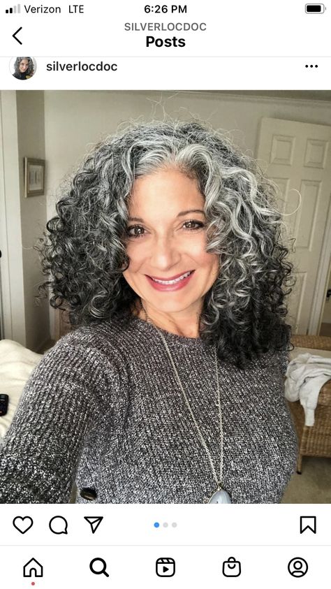 Grey Curly Hair Over 50, Black Hair Silver Highlights, Curly Silver Hair, Pepper Hair, Grey Hair Looks, Grey Curly Hair, Huge Hair, Grey Hair Transformation, Wavy Hairstyle