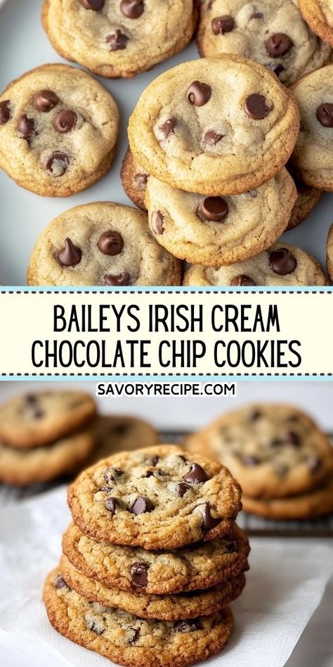 Want to impress your guests with a unique dessert? These Baileys Irish Cream Chocolate Chip Cookies are sure to be a hit! With their rich flavors, they make every gathering special. Be sure to save this recipe for your next baking adventure! Desserts Using Baileys Irish Cream, Unique Cookie Flavors, Baileys Cookies, Brownies With Baileys Irish Cream, Bailies Irish Cream Drinks, Bailey’s Irish Cream Chocolate Chip Cookies, Bailey’s Irish Cream Cake, Savory Recipe, Baileys Recipes