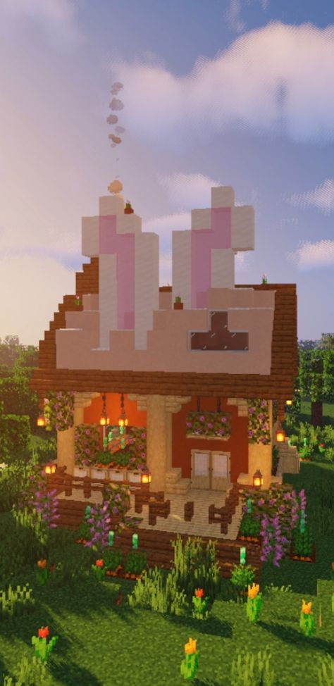 Minecraft Bunny House Ideas, Lesbian Minecraft House, Bunny Minecraft Build, Easy Pretty Minecraft House, Minecraft Building Ideas Kawaii, Easter Minecraft Builds, Cute Minecraft Houses Kawaii, Bunny House Minecraft, Minecraft Rabbit House